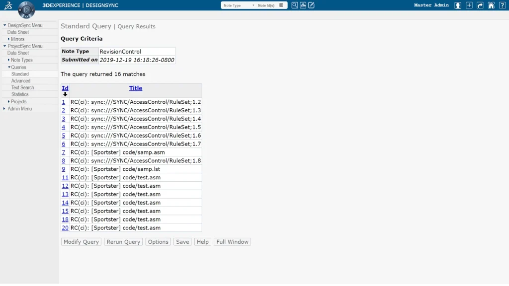 ENOVIA Designsync Query Results