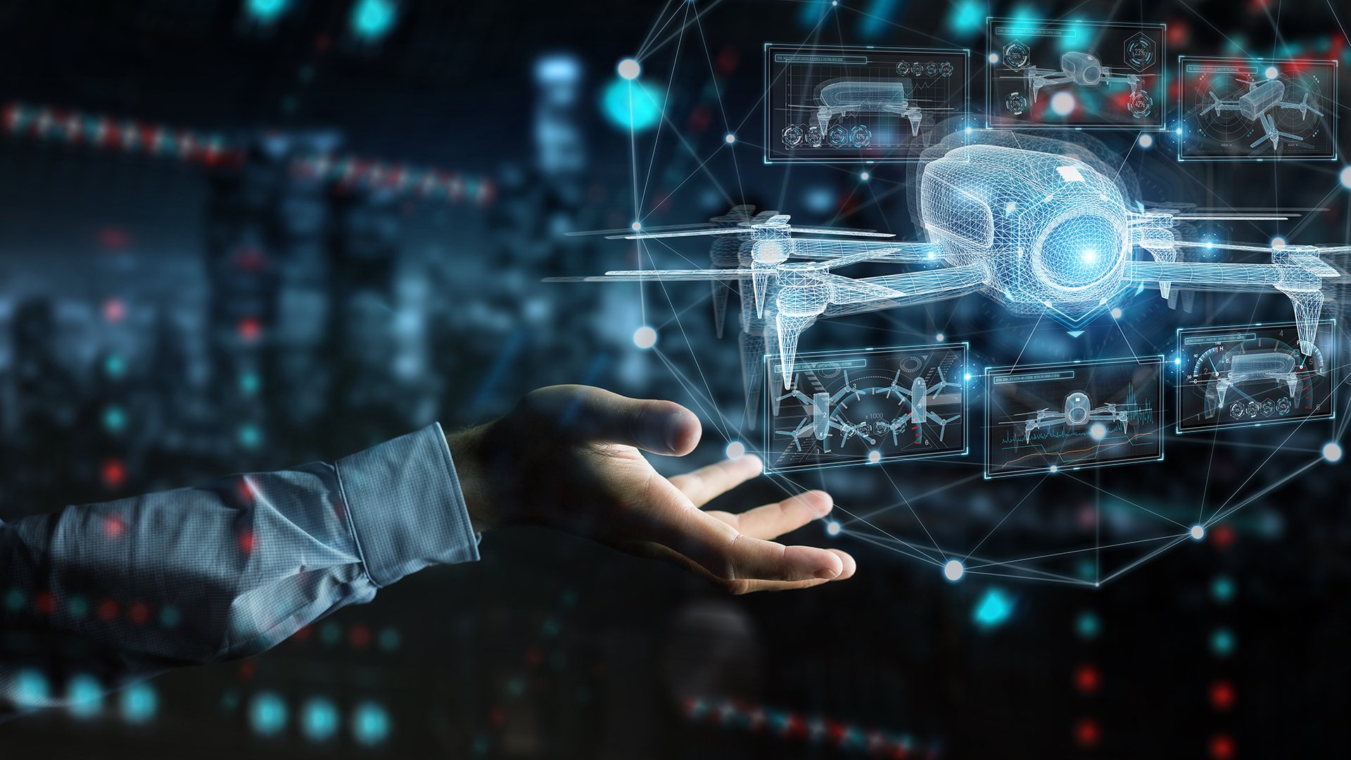 Businessman on dark background holding and touching holographic drone projection in his fingers 3D rendering