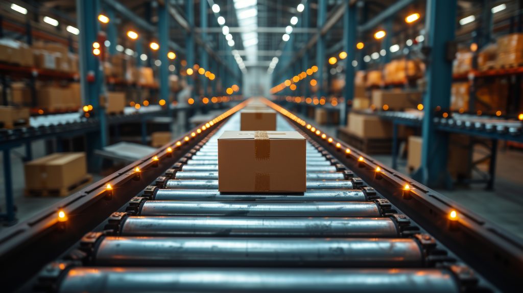 Conveyor Belt with Packaged Goods and Warehouse Inventory in CPG Industry